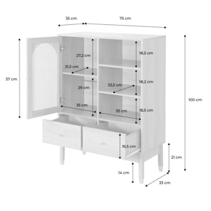 Buffet décor bois et cannage 1 porte 2 tiroirs teinte naturelle - 75 x 35 x 100 cm - Judith