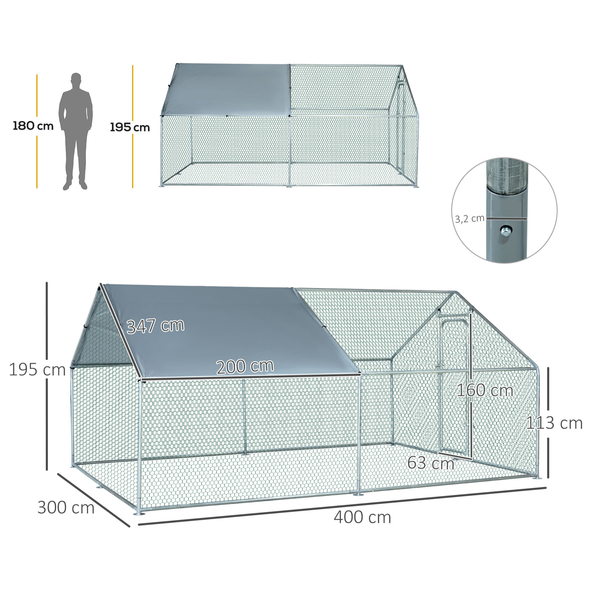 Gallinero Exterior Grande de Metal Galvanizado 3x4x1,95 m Jaula de Aves con Puerta Cubierta de Tela Oxford Resistente a los Rayos UV y al Agua para Patio Plata