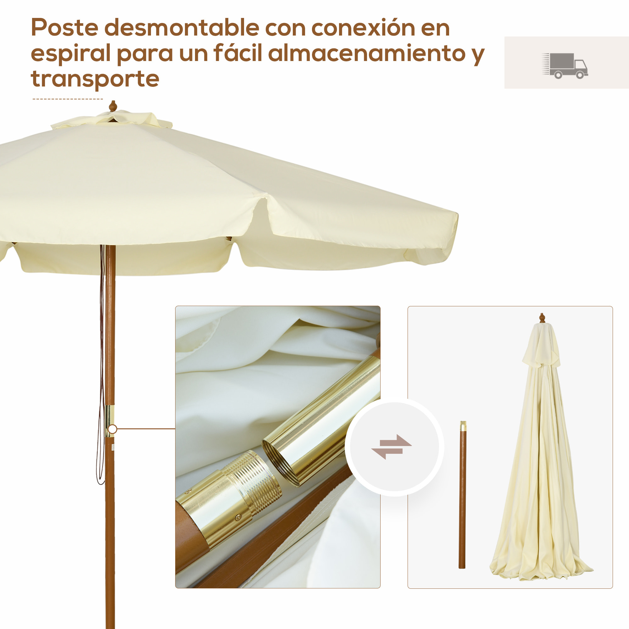 Sombrilla de Jardín Ø325x250 cm Parasol de Madera con Sistema de Polea Techo de Ventilación y 8 Varillas de Bambú para Terraza Balcón Exterior Beige