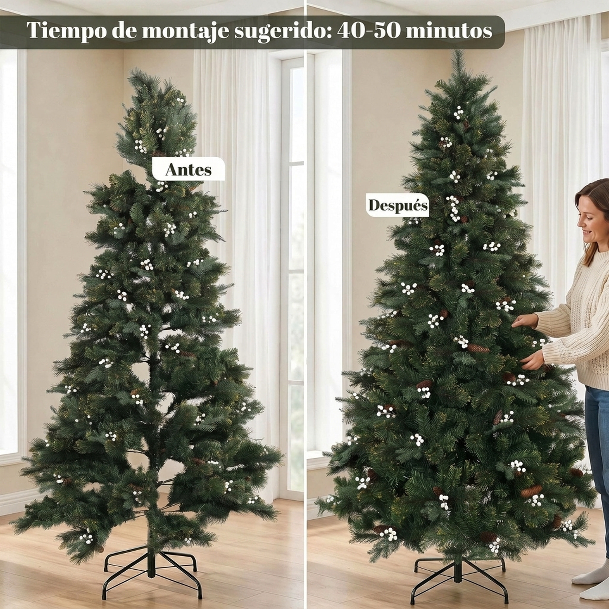 HOMCOM Árbol de Navidad 220 cm, Árbol de Navidad Artificial con 1116 Ramas y Base Metálica Plegable, Frondoso, Montaje Rápido, Sistema con Bisagras, Decoración Navideña para Salón, Interior, Verde