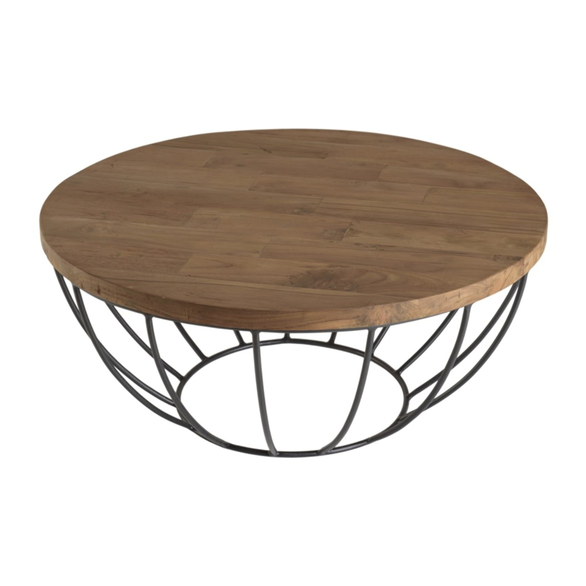 SIXTINE - Table basse coque ronde 80x80cm plateau teck recyclé piétement métal noir