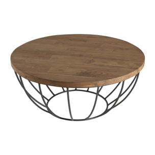 SIXTINE - Table basse coque ronde 80x80cm plateau teck recyclé piétement métal noir
