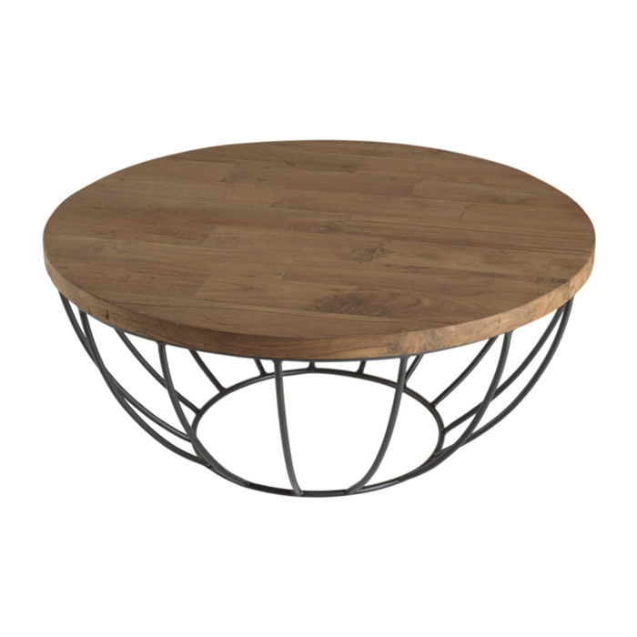 SIXTINE - Table basse coque ronde 80x80cm plateau teck recyclé piétement métal noir
