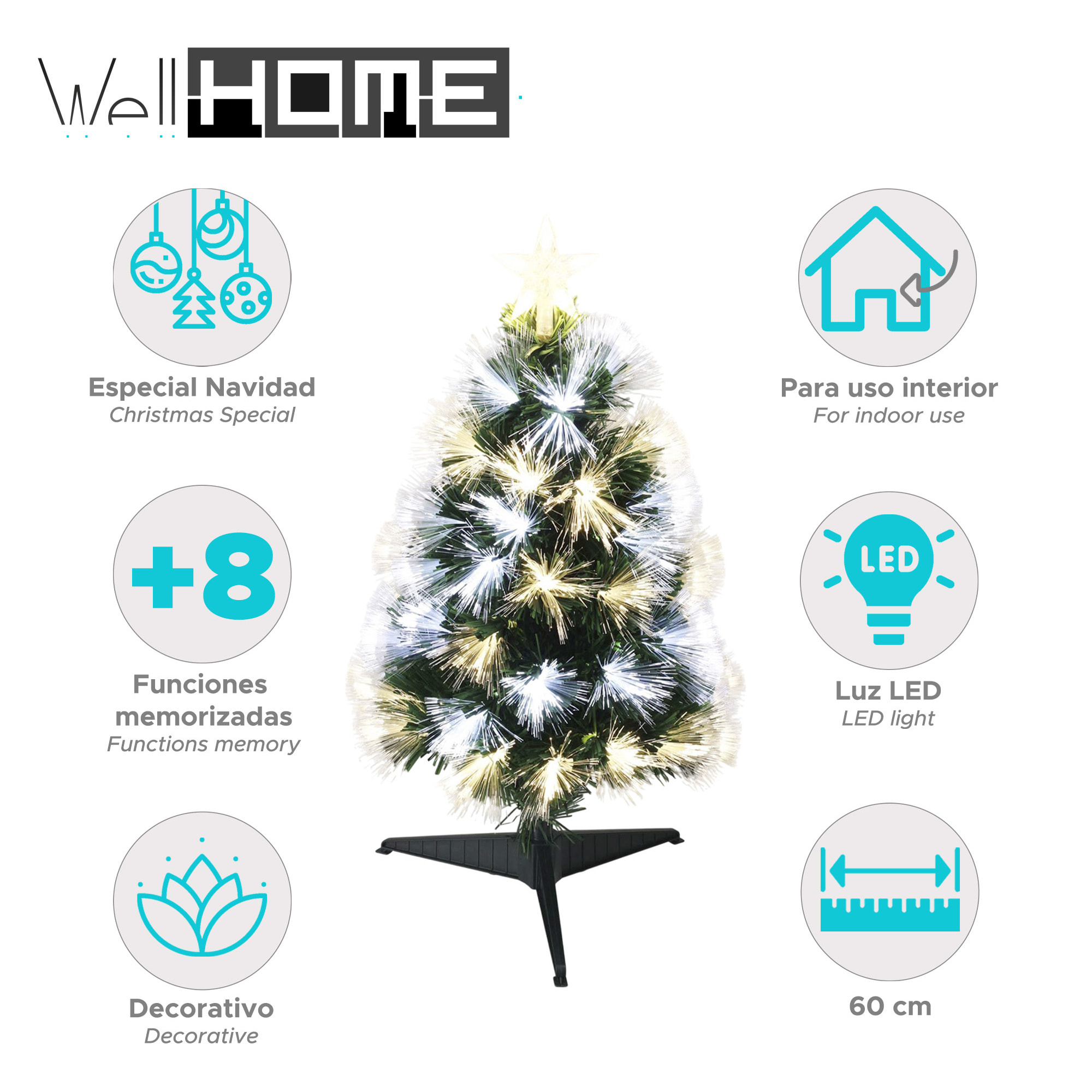 Árbol de navidad de fibra óptica con 60 luces led blanco y blanco cálido y 8 funciones de color h.60cm