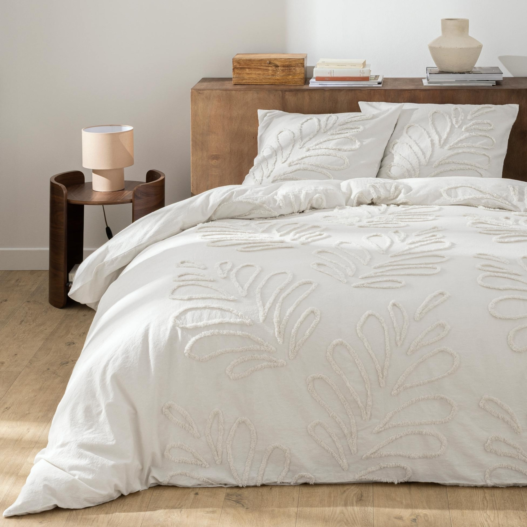 Parure de lit 3 pièces 100% coton tufté housse + taies - Blanc