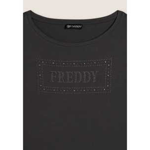 T-shirt donna con logo strass e glitter