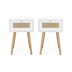 Lot de 2 tables de chevet effet bois blanc et cannage avec 1 tiroir