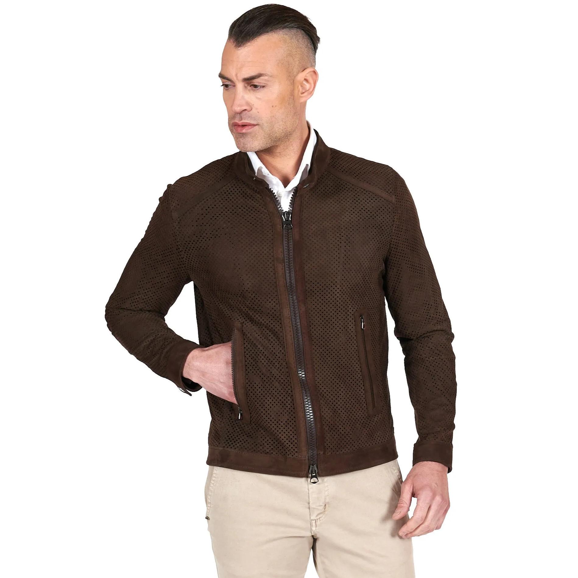 Giacca in pelle camoscio traforato colore marrone