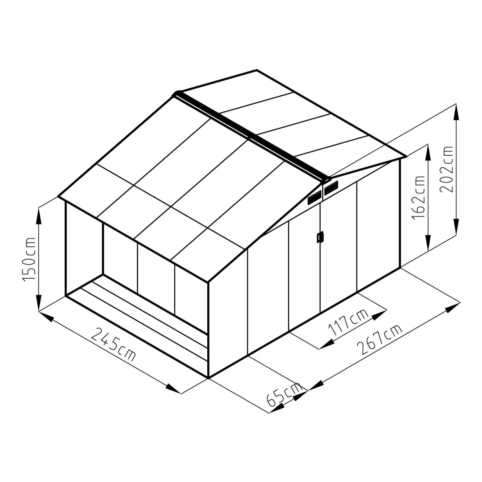Abri métal gris châtaigne avec bûcher 8,13 m² + kit d'ancrage