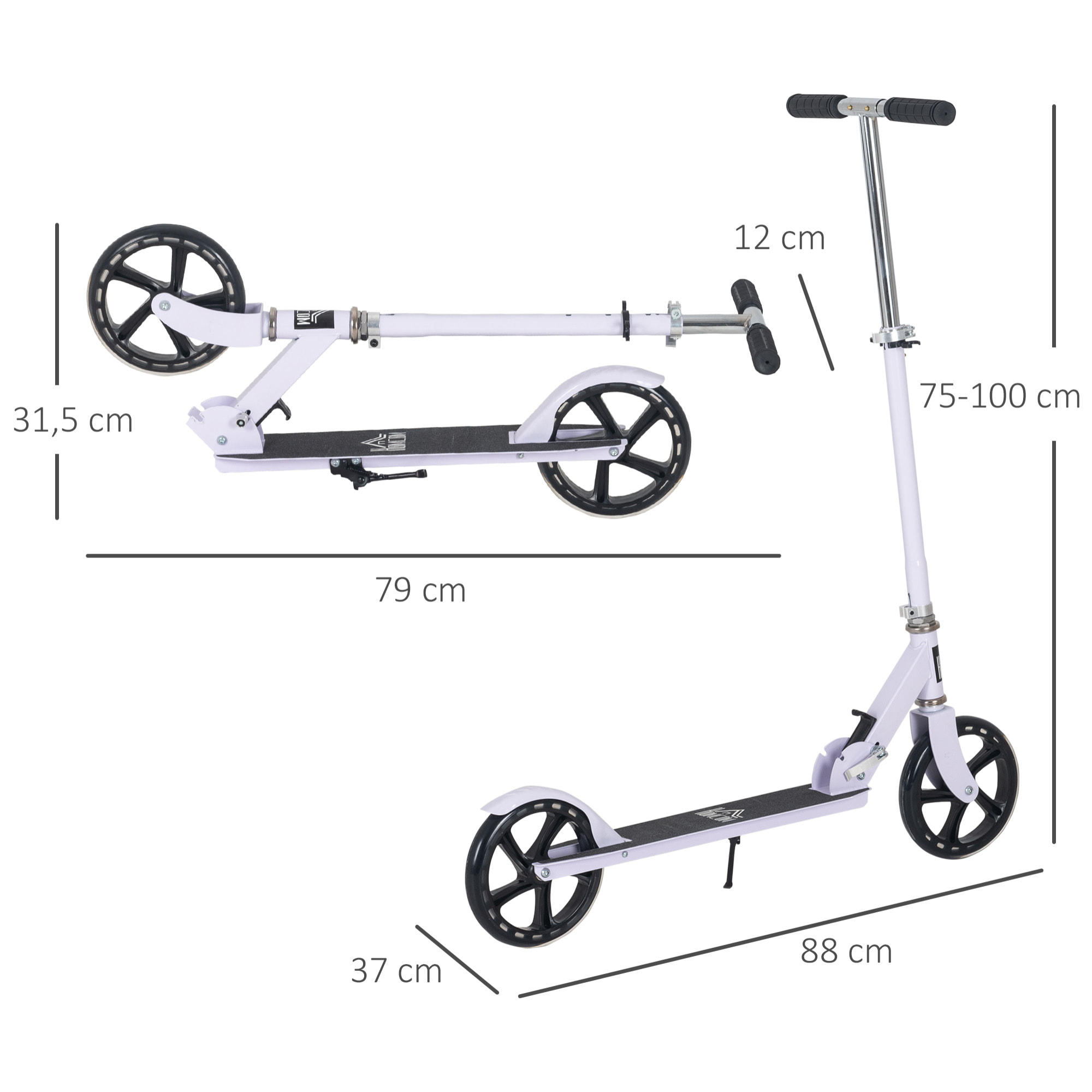 Trottinette pliable hauteur guidon réglable sur 4 niveaux système de freinage arrière blanc dim. 88L x 37l x 75-100H cm