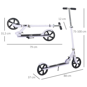 Trottinette pliable hauteur guidon réglable sur 4 niveaux système de freinage arrière blanc dim. 88L x 37l x 75-100H cm