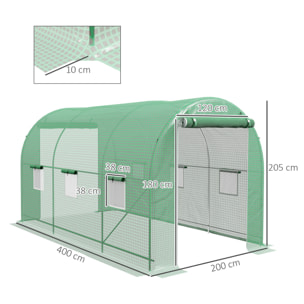 Serre de jardin tunnel surface sol 8 m² 4L x 2l x 2,05H m châssis tubulaire renforcé porte zippée 6 fenêtres enroulables vert