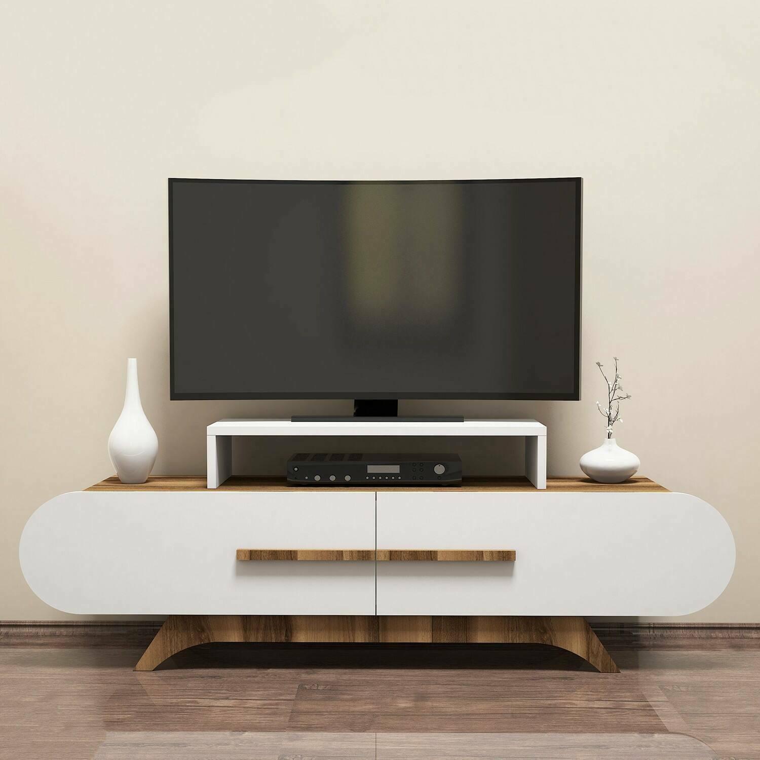 Mobile porta TV Dkastano, Credenza da soggiorno, Armadio basso per TV, Base parete attrezzata, 145x37h50 cm, Noce e Bianco