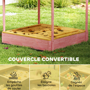 Bac à sable enfant couvercle siège pliable auvent bois rose