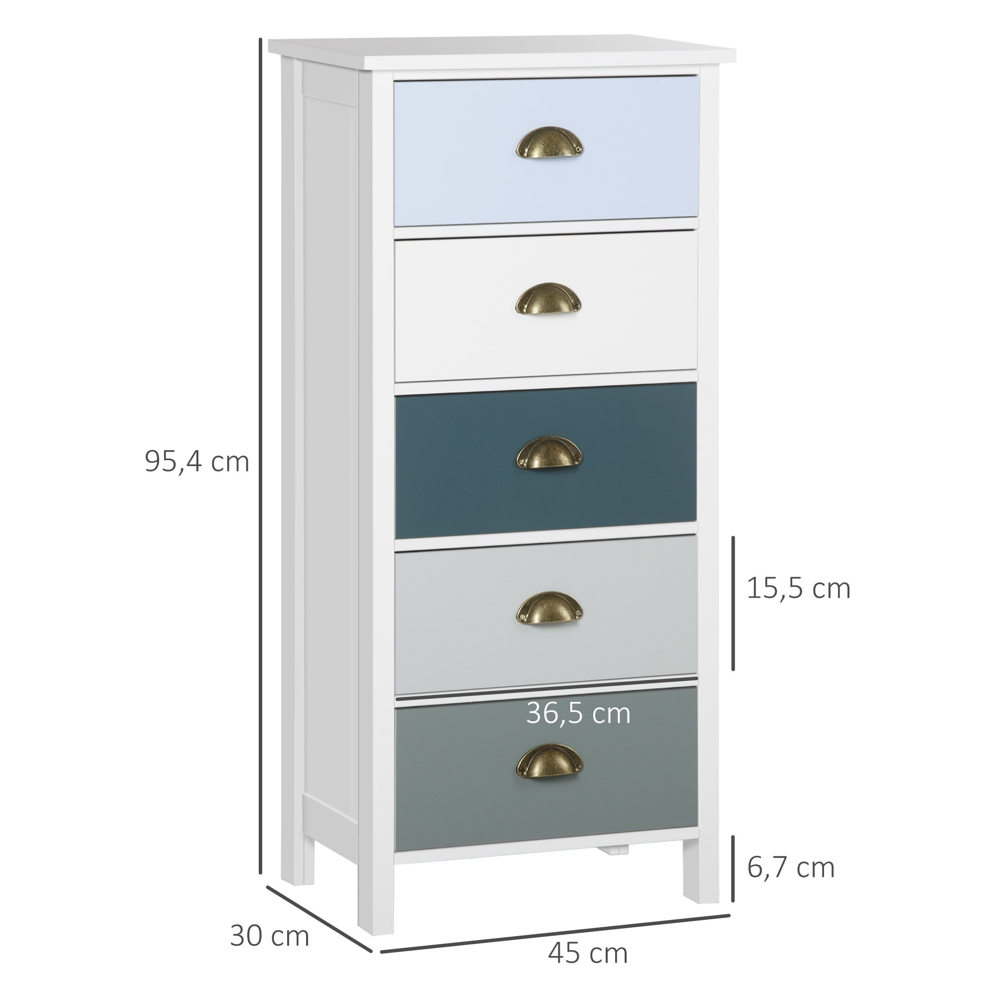 Meuble de rangement chiffonnier style néo-rétro 5 tiroirs poignées coquilles MDF blanc bleu gris