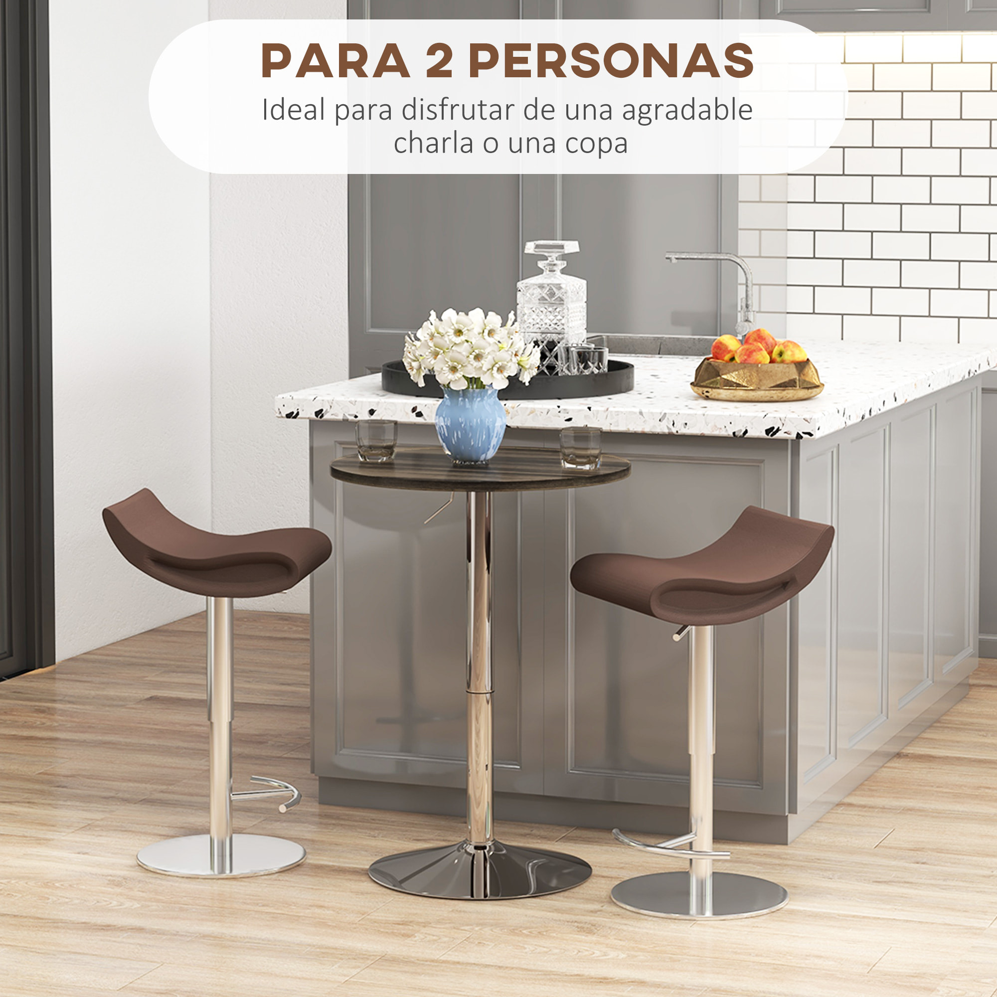 Mesa Alta Cocina, Mesa Alta Bar Redonda para 2 Personas, Altura Ajustable 69-91 cm, Tablero Giratorio 360°, Base de Acero, para Salón, Comedor, Cocina, 60x60x91 cm, Nogal