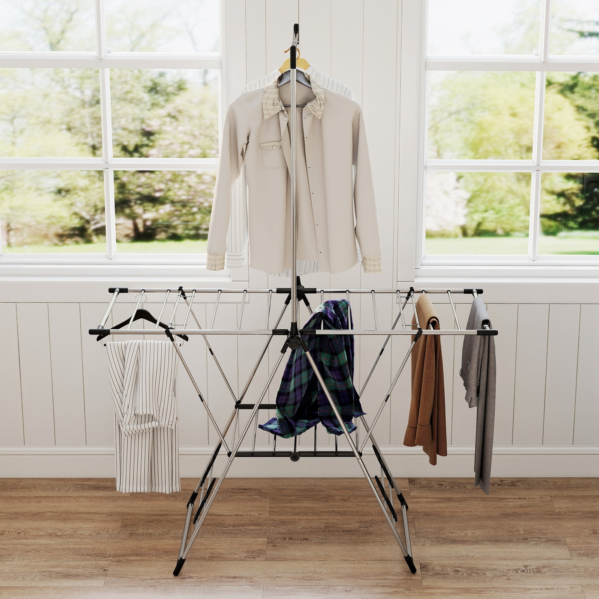Tendedero Vertical Plegable, Tendedero de Ropa con Alas Ajustables en 5 Niveles, 4 Soportes para Calzado, Barra y Estante, Marco de Acero Inoxidable, para Interior y Exterior, Plata