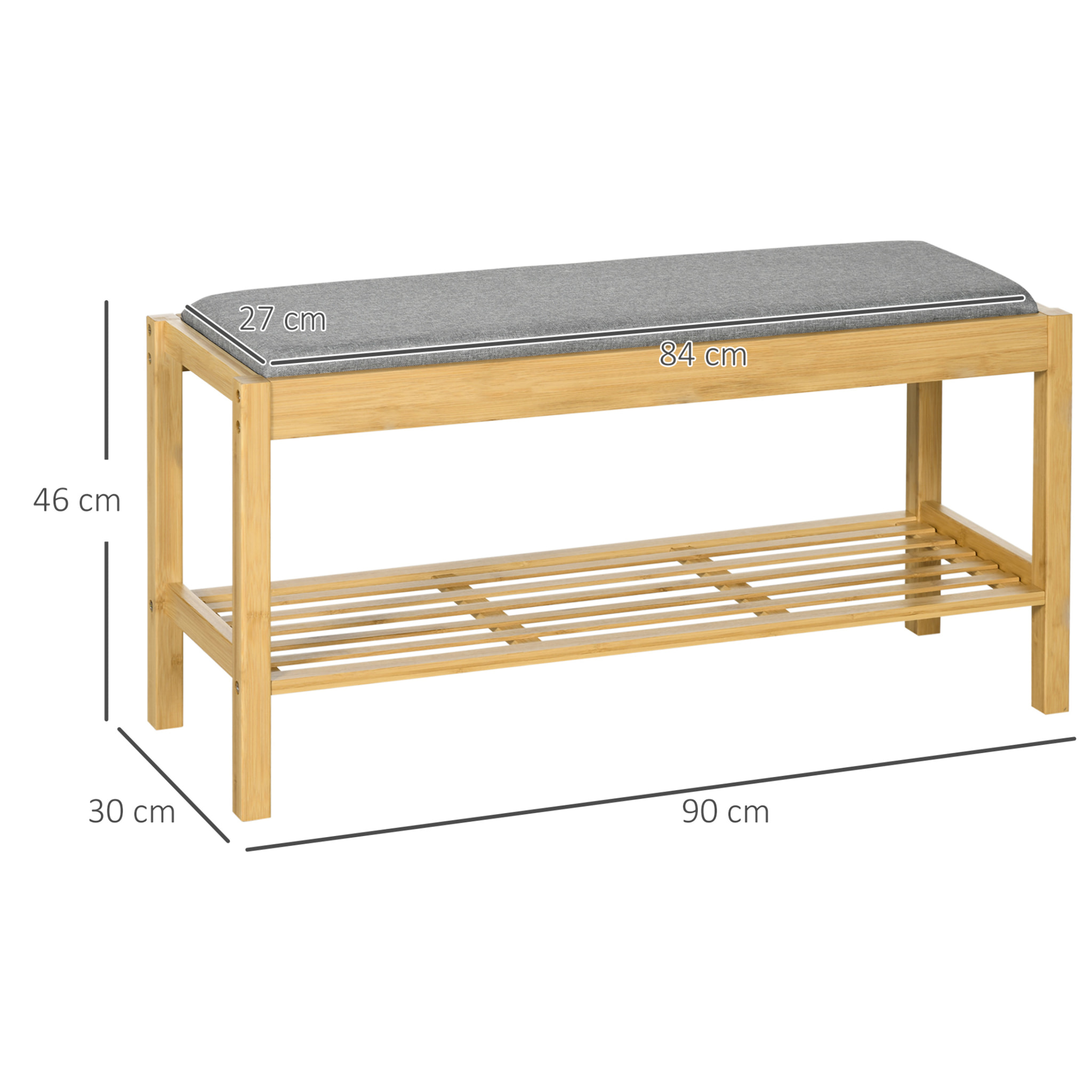 Banco Zapatero de Bambú Zapatero con Asiento Tapizado para 3 Pares de Zapatos con Estante de Listones para Entrada Pasillo 90x30x46 cm Natural