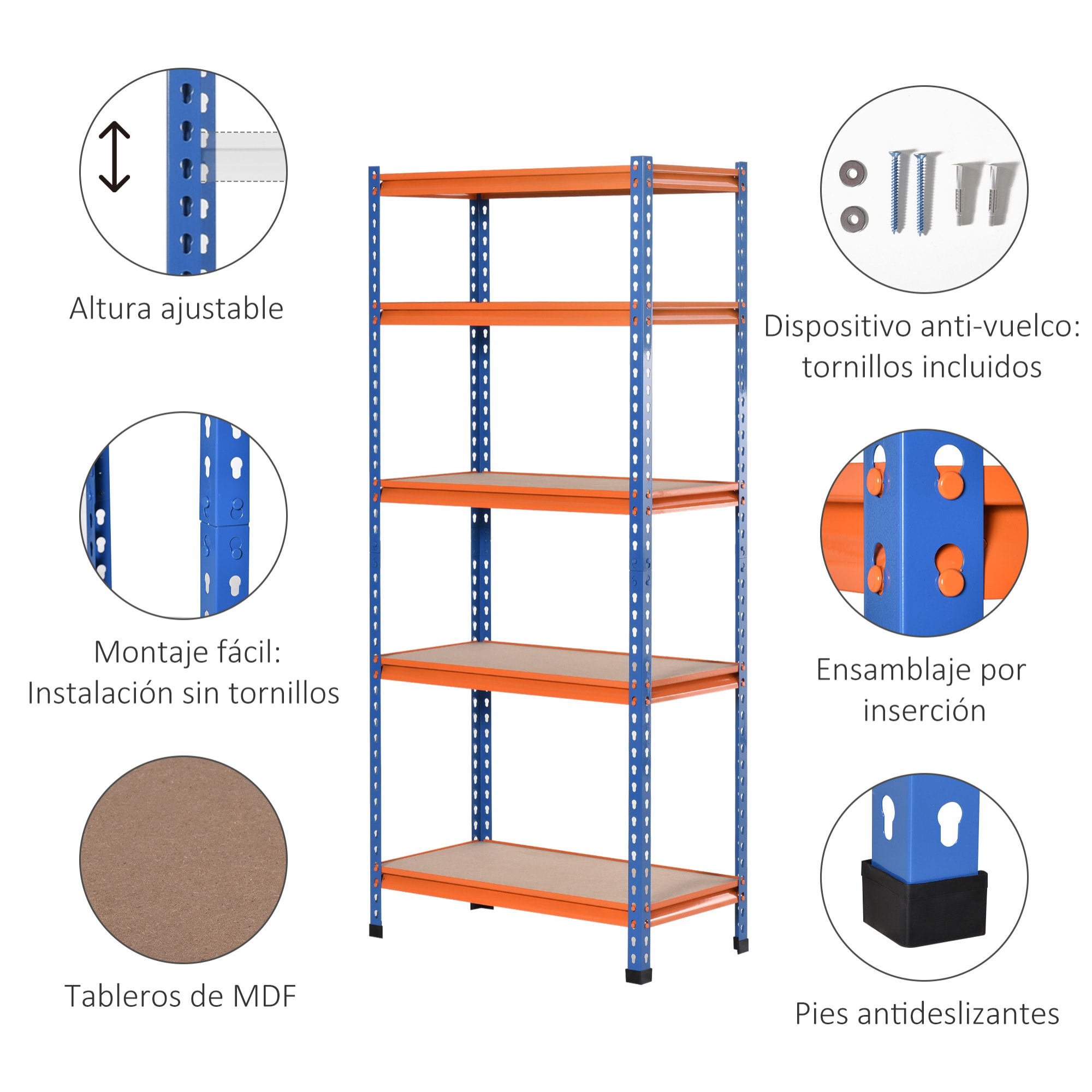 HOMCOM Estantería Metálica de Almacenaje 80x40x182 cm con 5 Niveles Ajustables en Altura Carga Máxima por Estante 300 kg para Almacén Garaje Taller Azul y Naranja