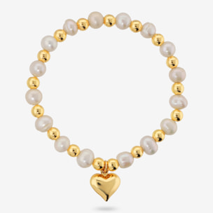 Bracciale di Perle Bianche d'Acqua Dolce con Bead Lucide e Ciondolo Cuore Bombato