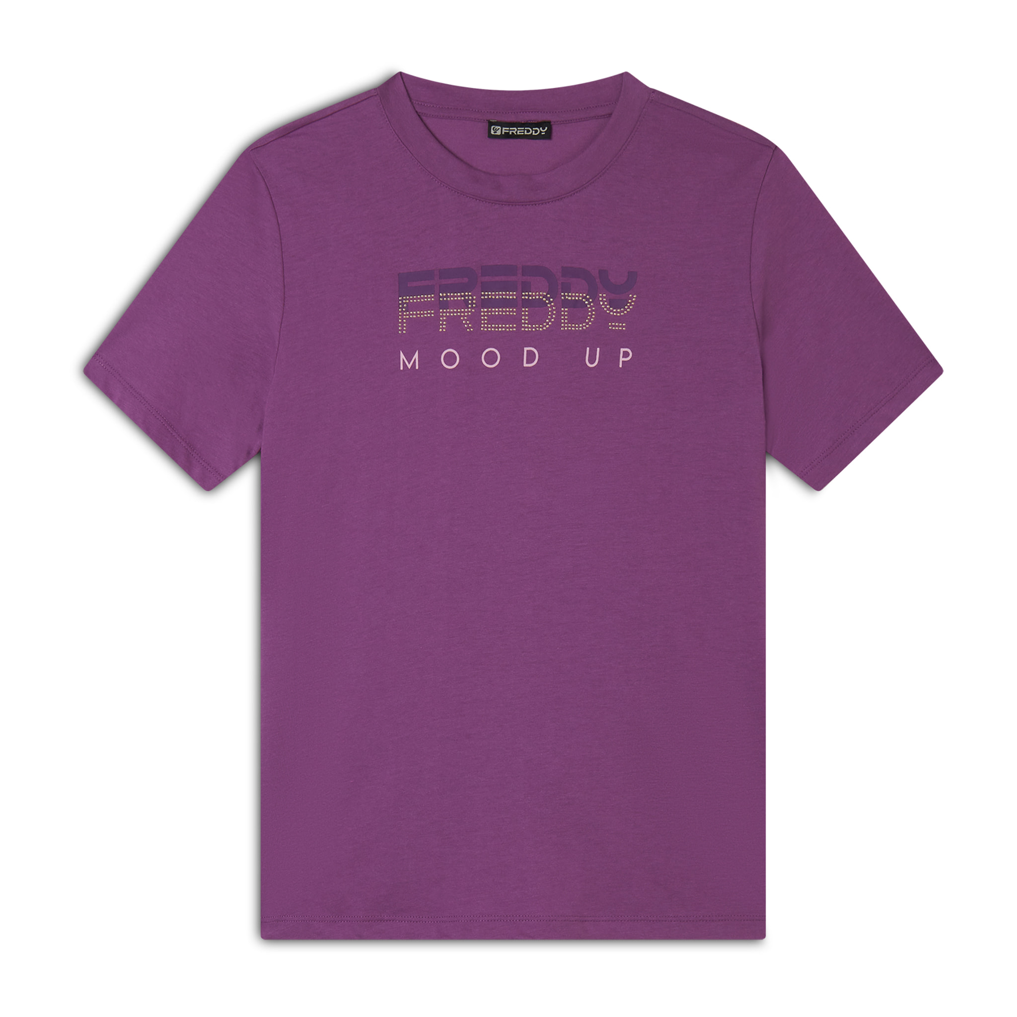 T-shirt girocollo con grafica dorata e perline