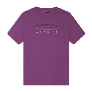 T-shirt girocollo con grafica dorata e perline