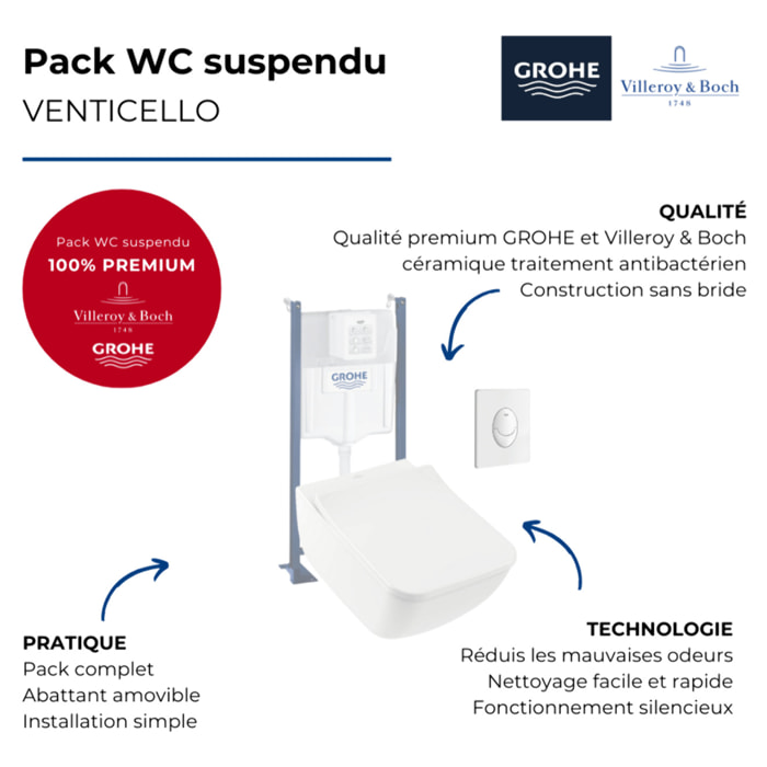 Pack WC suspendu sans bride Venticello + abattant + plaque blanche + bâti Grohe