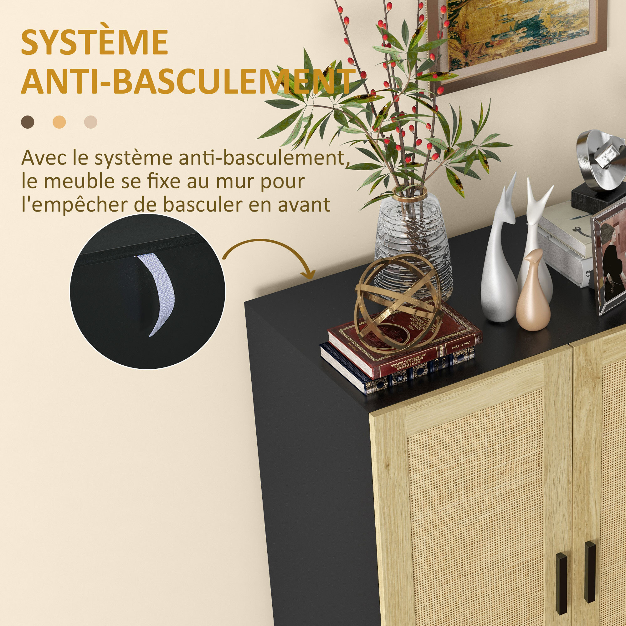 Buffet 2 portes 2 étagères réglables style bohème chic cannage en rotin panneaux aspect bois clair noir
