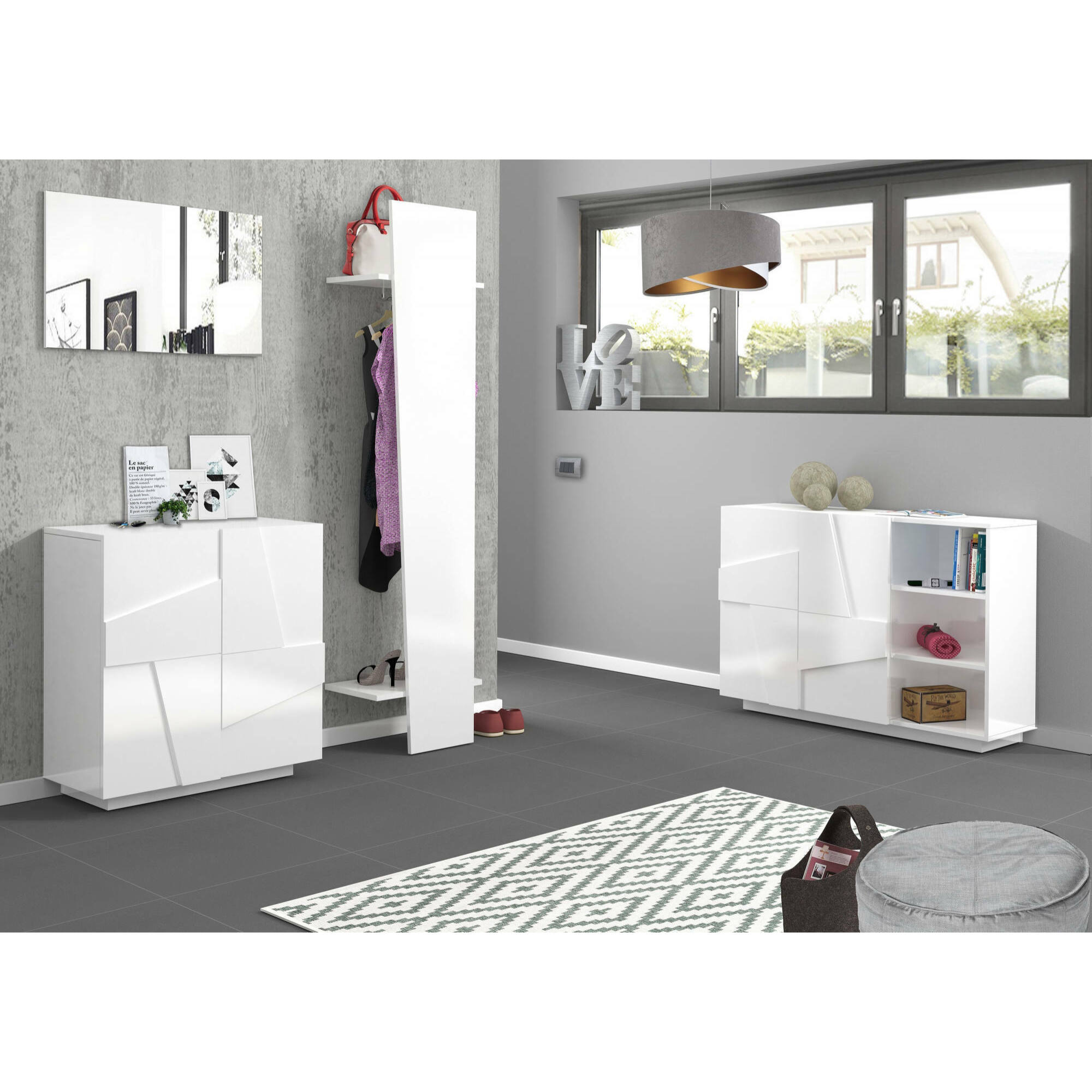 Mobile da ingresso a 2 ante e scaffali aperti, Made in Italy, Entratina moderna, Credenza per atrio, cm 121x38h86, colore Bianco lucido