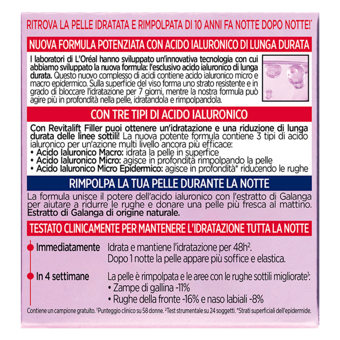 Crema Viso Notte Anti-Rughe Trattamento Rivolumizzante Revitalift Filler con Acido Ialuronico di Lunga Durata - Barattolo da 50ml