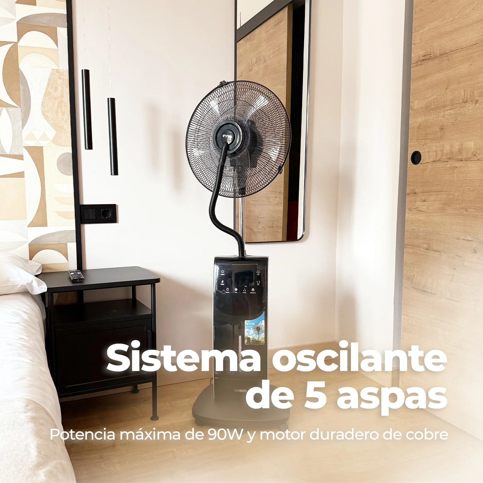 Ventilador Nebulizador EVVO con agua, 90W, 3 velocidades, mando a distancia, antimosquitos