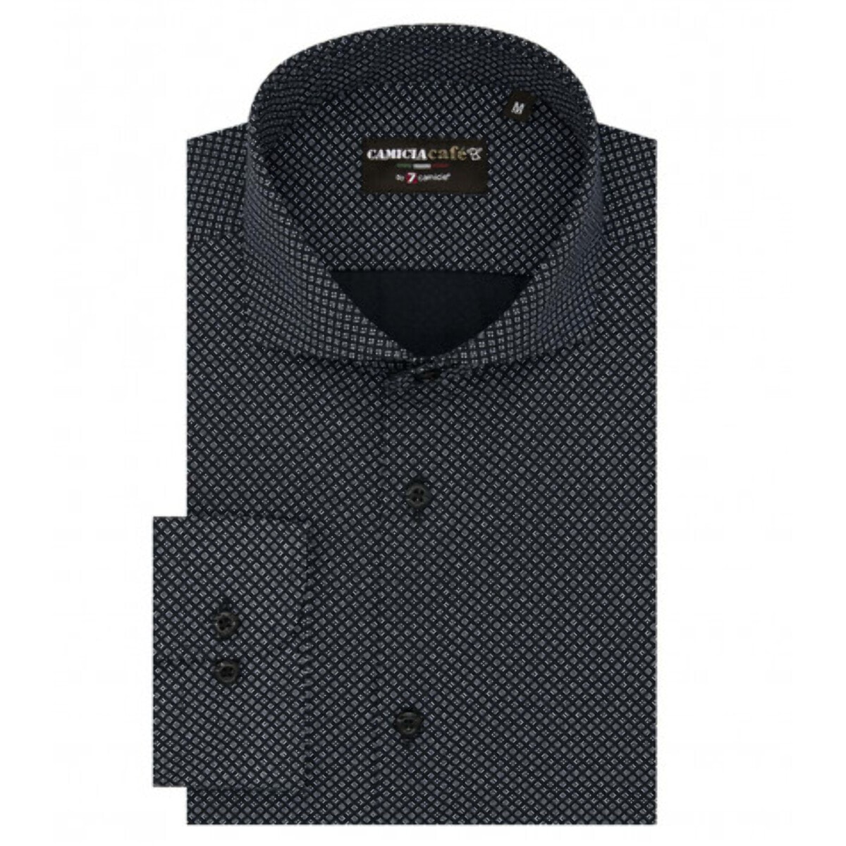 Camicia Uomo 1 Bottone Francese Slim Cotone Poliestere Stampato Nero e Celeste