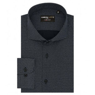 Camicia Uomo 1 Bottone Francese Slim Cotone Poliestere Stampato Nero e Celeste