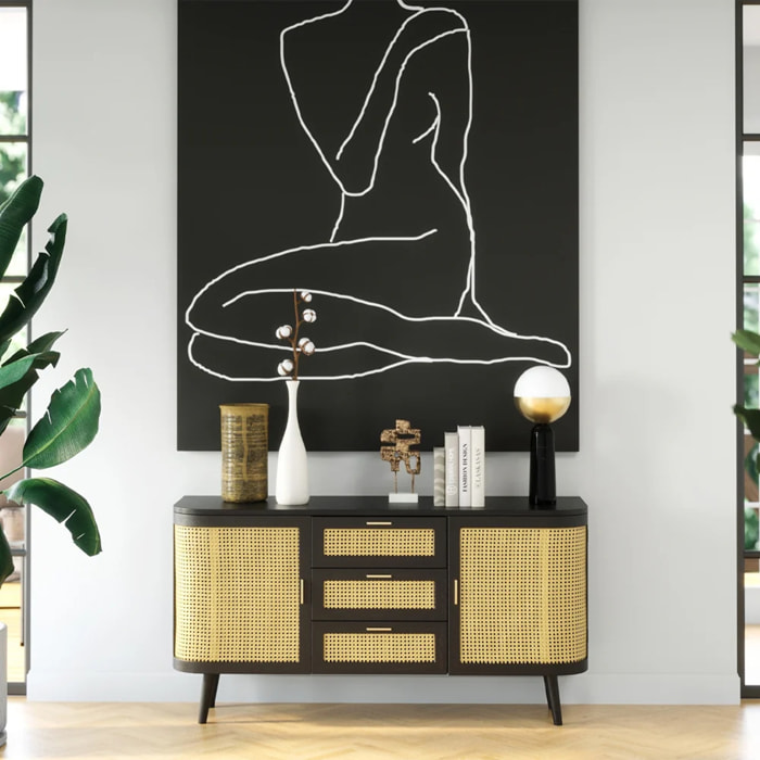 Buffet noir 2 portes 3 tiroirs en bois de manguier et cannage - Wendy