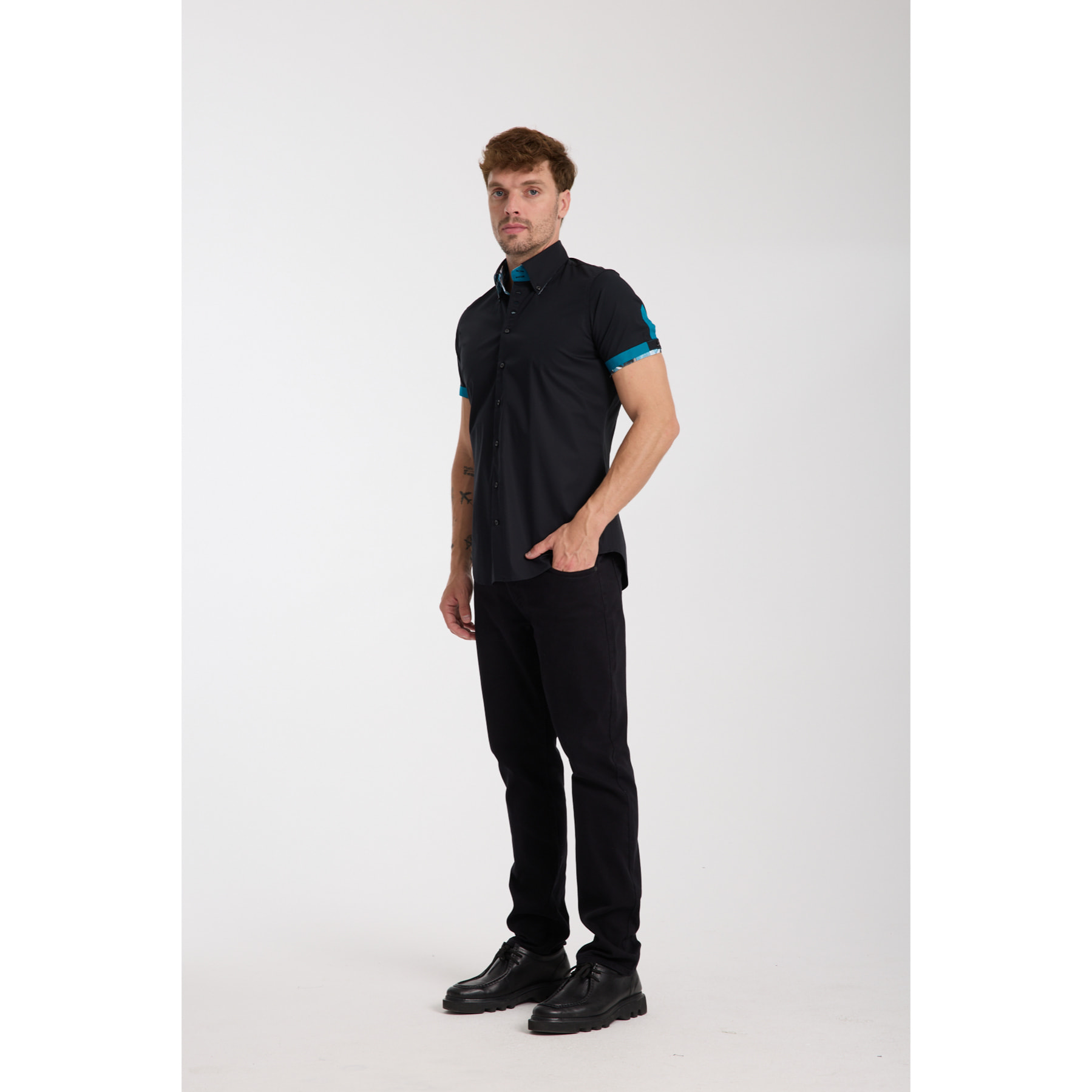 Camicia Uomo Manica Corta 2 Bottoni Button Down 7 Botto Popeline Stretch Unito Nero