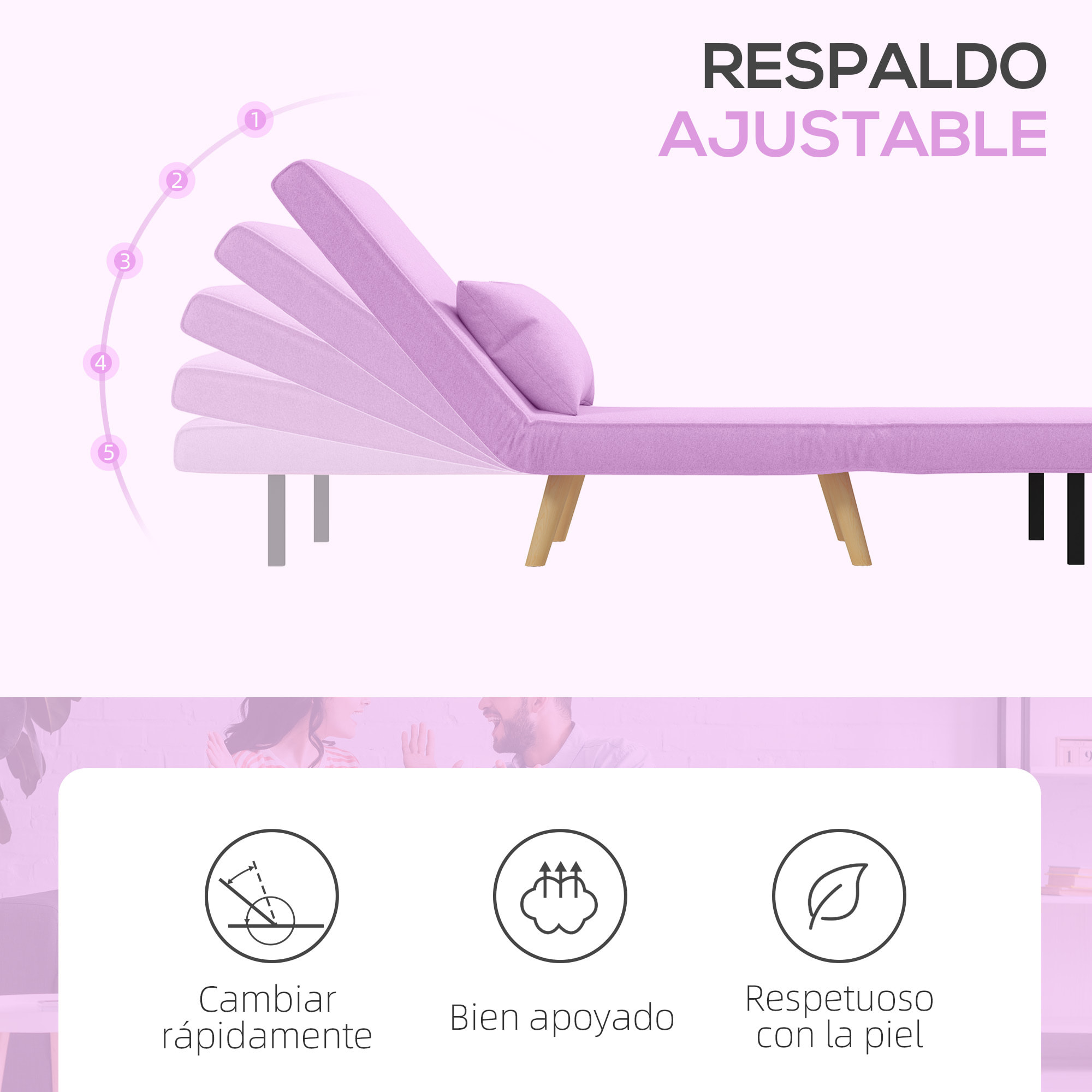 Sofá Cama Individual Sofá Cama Plegable Tapizado en Lino con Respaldo Ajustable en 5 Posiciones y Almohada Sofá Cama Pequeño para Salón 72x75x85 cm Rosa