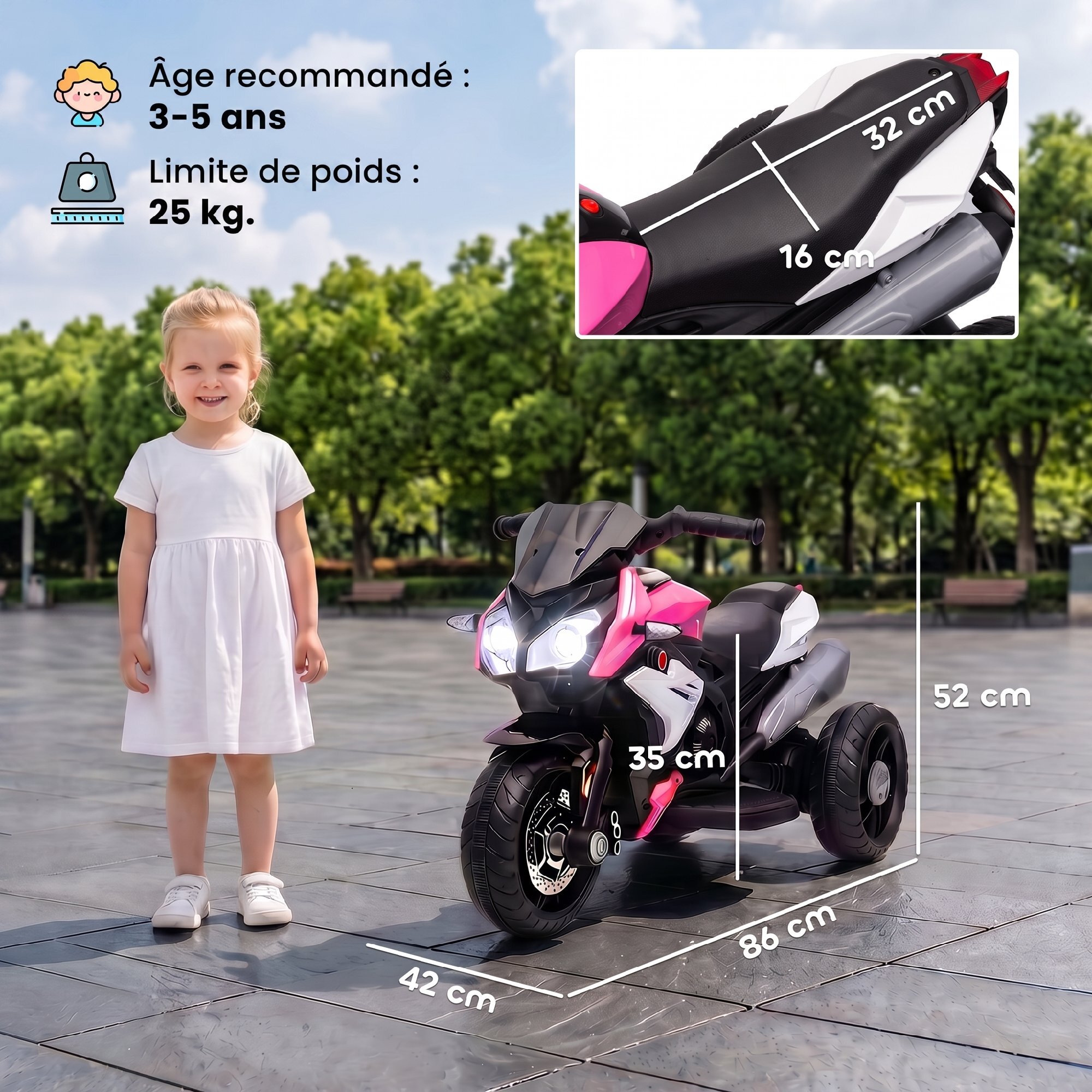 Moto électrique pour enfants 3 roues 6 V 3 Km/h effets lumineux et sonores rose