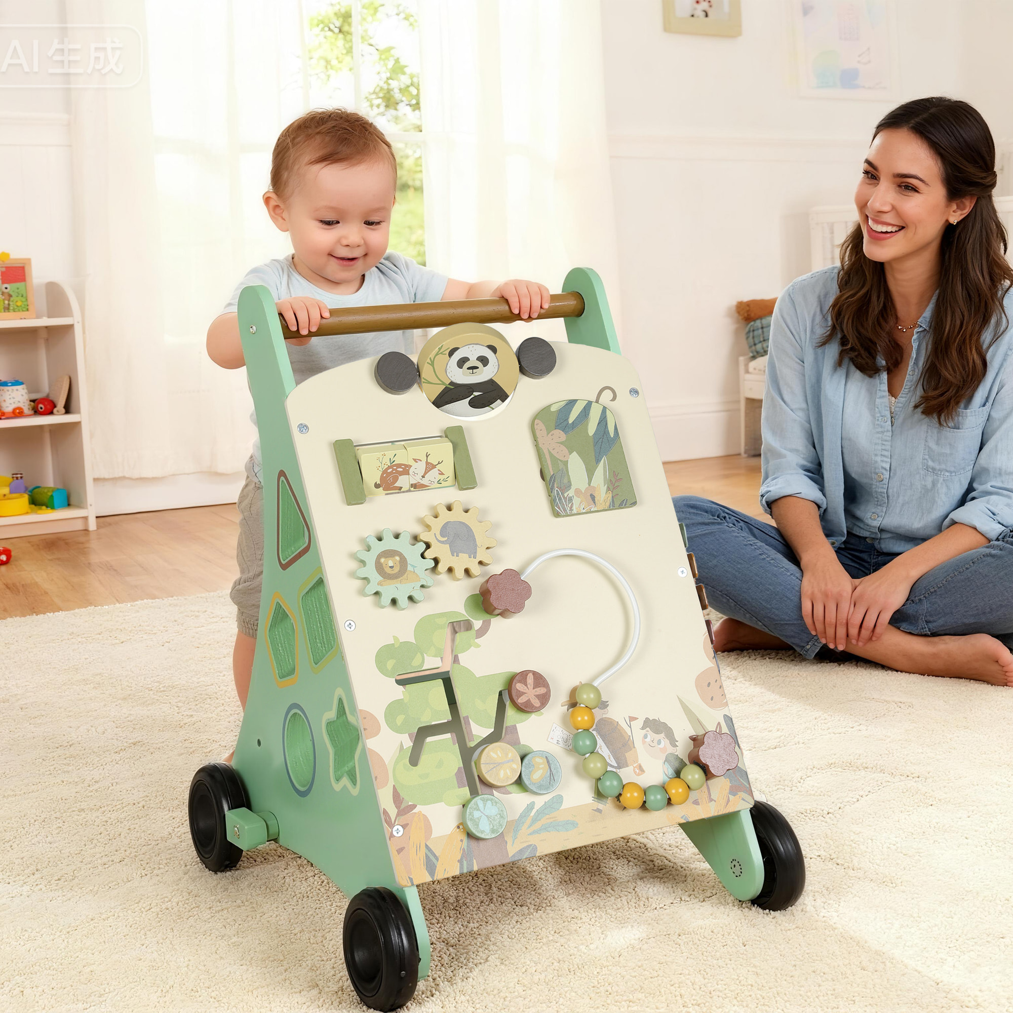 Andador Madera Bebé, Juguete de Andador, Centro de Actividades de Aprendizaje Montessori Control de Velocidad, con Xilófono, Engranajes, Laberinto, Cuentas, Para Niños de +18 Meses, Verde