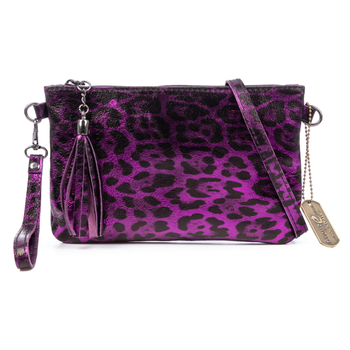 Oleggio borsa a spalla donna. Pelle scamosciata autentica con stampa animalier leopardata e finitura lucida.
