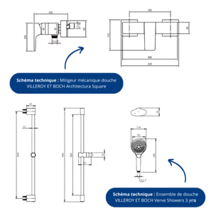 Mitigeur mécanique douche Architectura Square Chrome + Ensemble de douche Verve Showers 3 jets Chrome