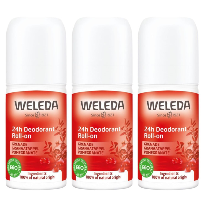 WELEDA - Trio Déodorant roll-on 24H Grenade - 100 % d'origine naturelle - Vegan* - Certifié Natrue** - Roll-on 50 ml x 3
