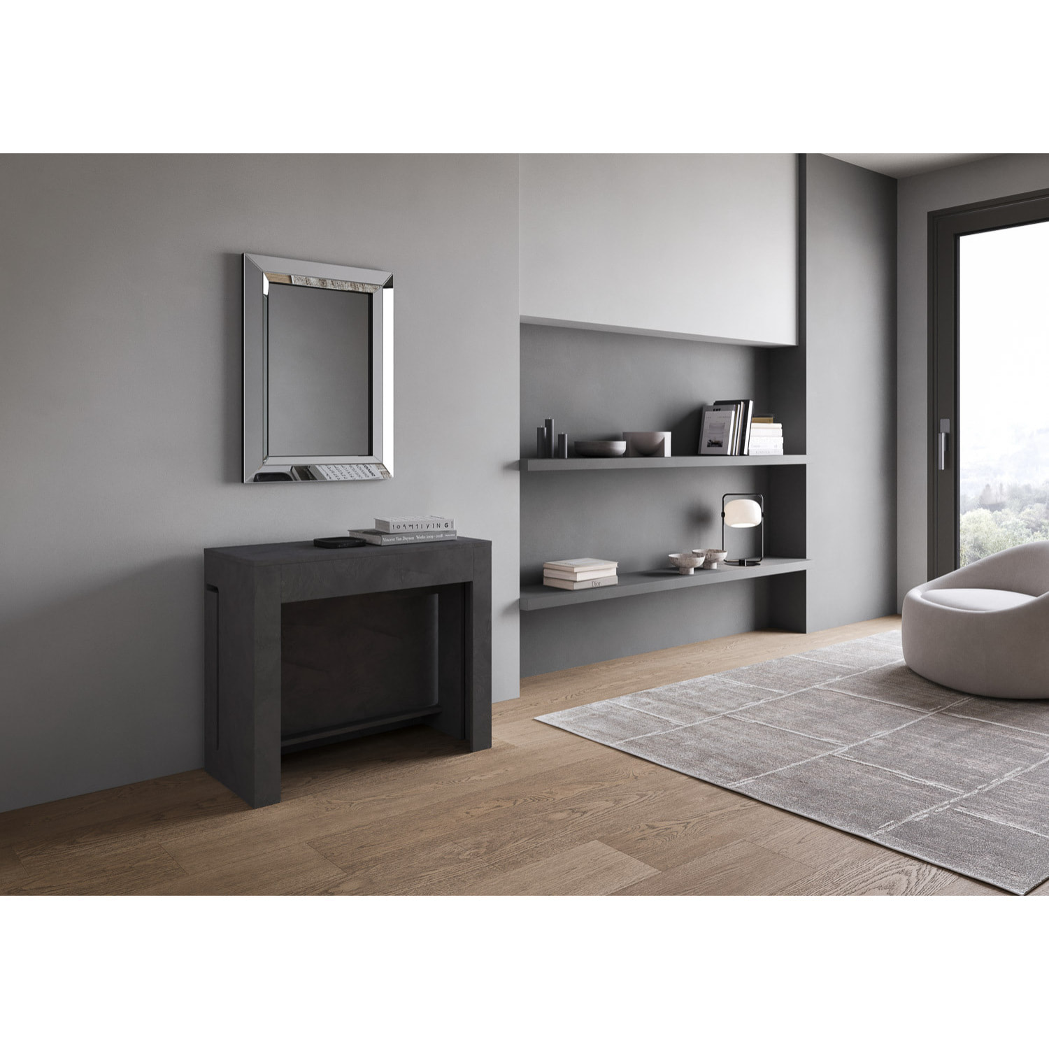 Consolle allungabile 90x42/302 cm Evolve Antracite Spatolato allunghe interne con panca inferiore e superiore