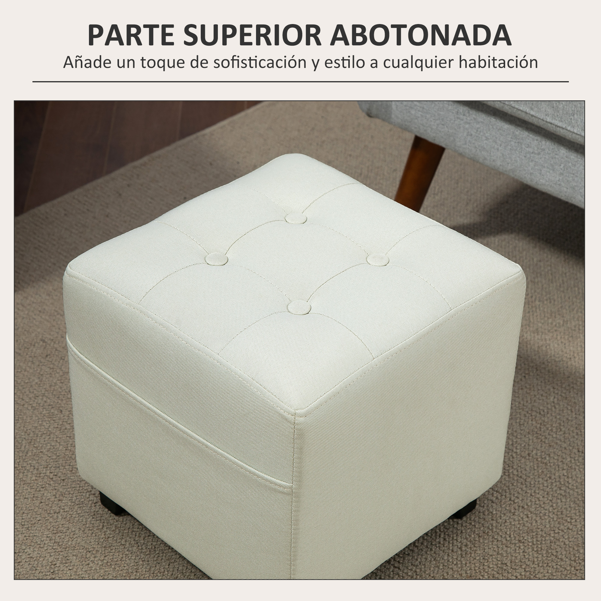 Reposapiés de Salón Taburete Bajo Tapizado en Lino Otomana Cuadrada con Bolsillo Lateral Tapa con Botones Acolchados y Marco de Madera para Sala de Estar Dormitorio Crema