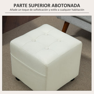 Reposapiés de Salón Taburete Bajo Tapizado en Lino Otomana Cuadrada con Bolsillo Lateral Tapa con Botones Acolchados y Marco de Madera para Sala de Estar Dormitorio Crema