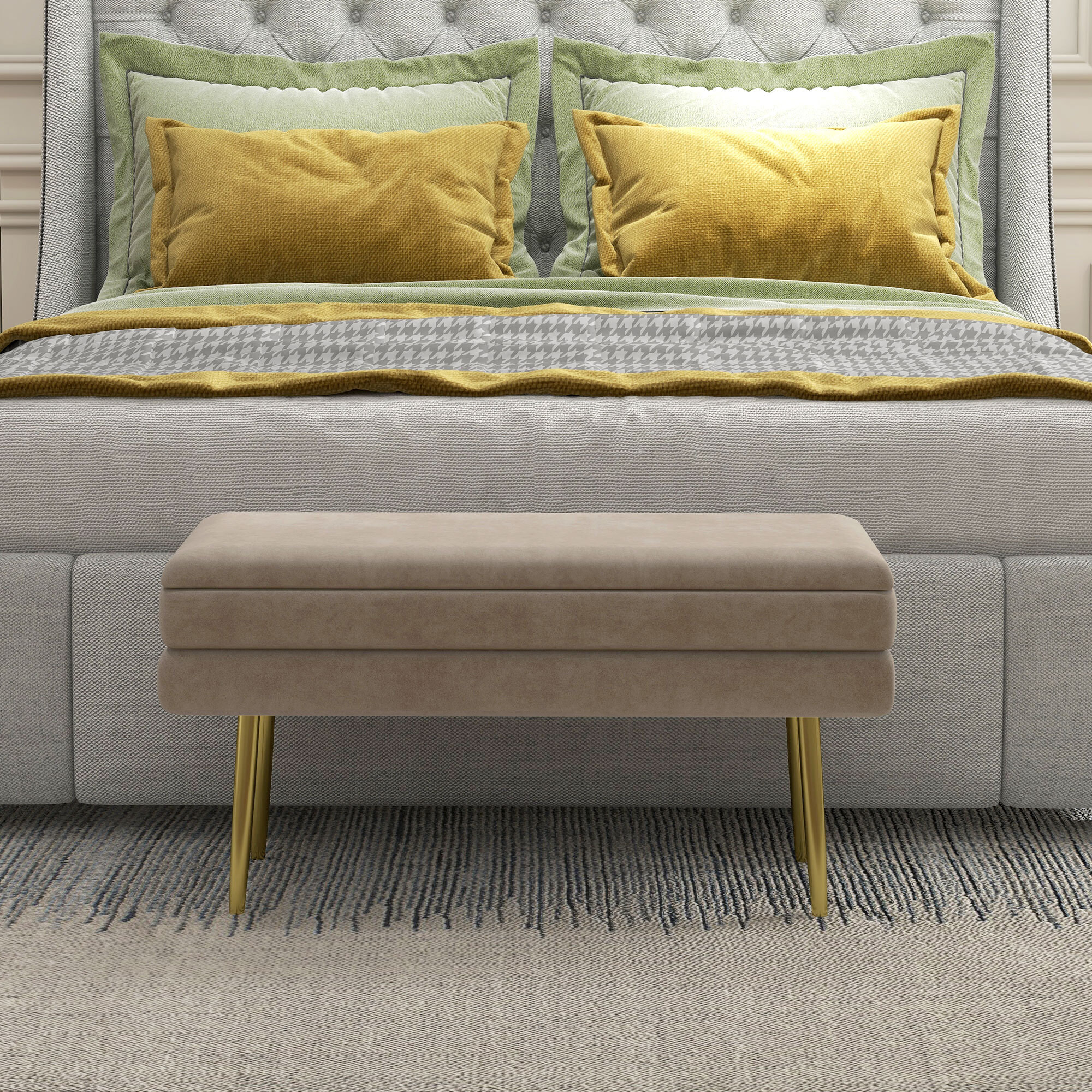 Puff Almacenaje 30L, Banco Almacenaje con Tapa Abatible y Patas de Acero, Tapizado en Terciopelo, Pie de Cama, para Dormitorio, Salón, Entrada, Carga 120 kg, 79,5x37,5x43 cm, Beige