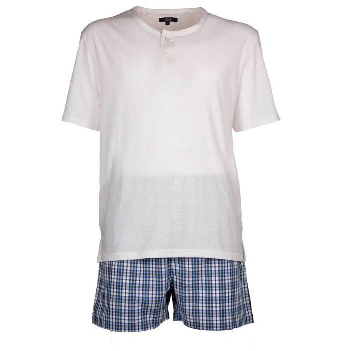 Pigiama leggero UOMO cotone quadretto bianco, blu, blu scuro