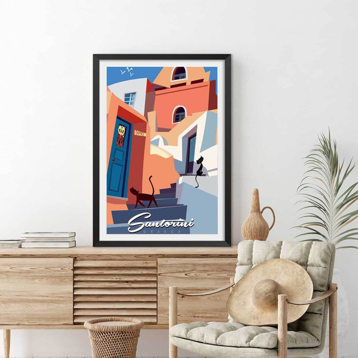 Poster vintage les chats de santorini Affiche + cadre en bois - Noir