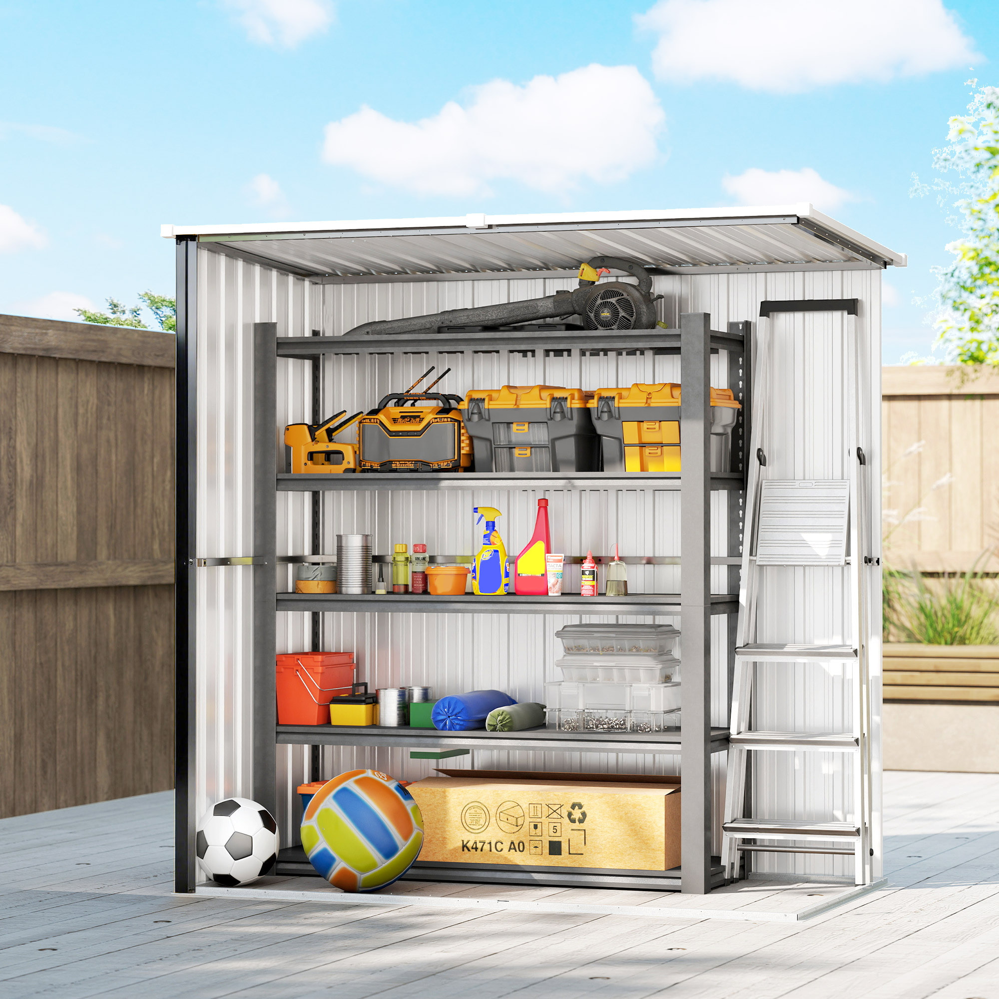 Caseta de Jardín Exterior 1,37 m², 163x89x163 cm, Cobertizo de Jardín Exterior Metálico con Techo Inclinado, Puertas con Pestillo y Guantes para Almacenamiento de Herramientas, Gris Oscuro