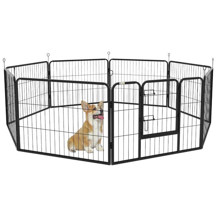 Parque para Perros de 8 Paneles 80x60 cm Cercado para Perros con Forma Personalizable Puerta Marco de Acero y 8 Anclajes de Tierra para Jardín Patio Negro