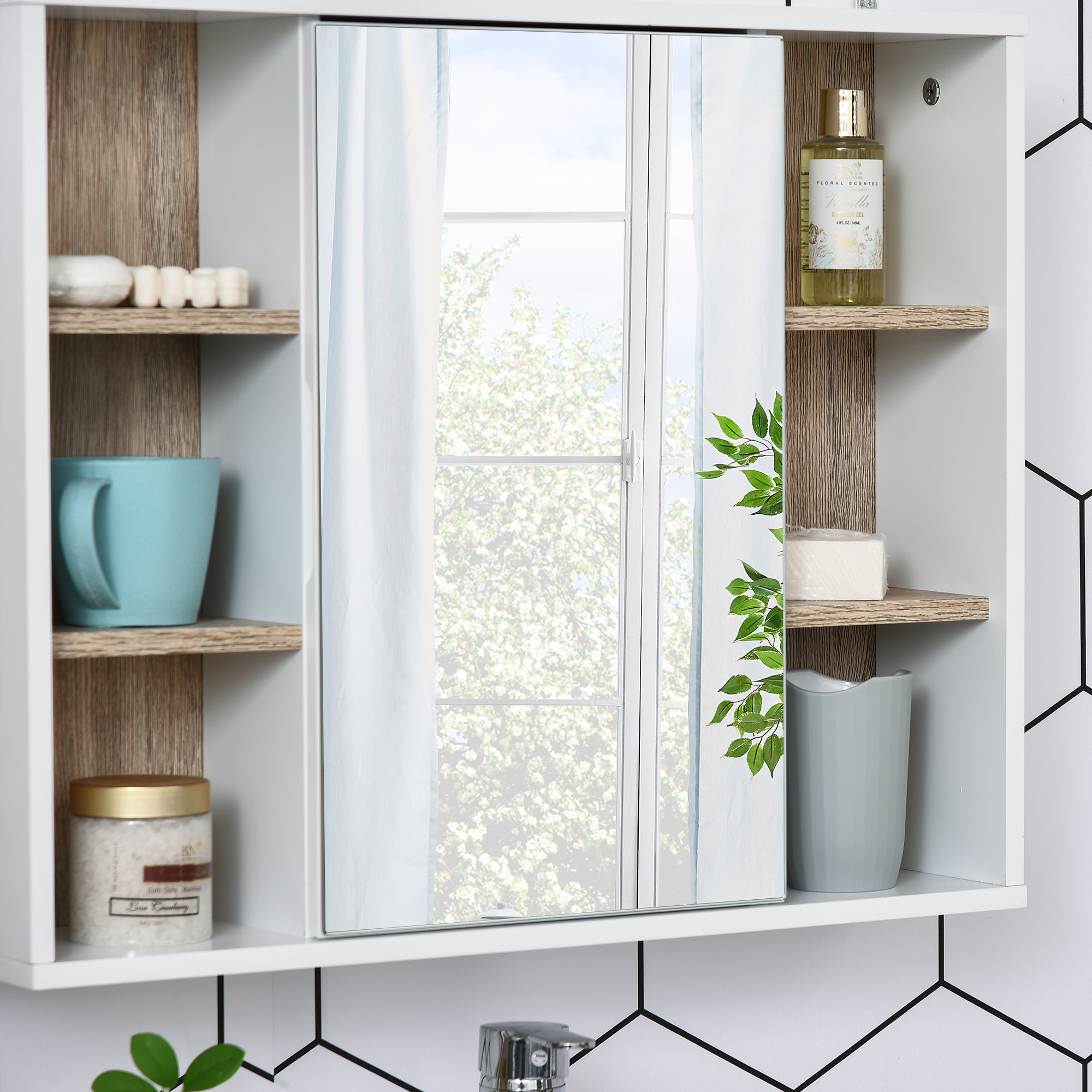 Miroir de salle de bain avec placard et étagères